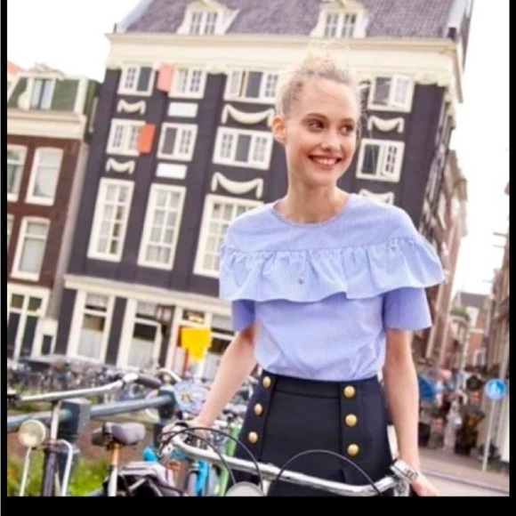 J. Crew Edie Cotton Blue White Pin Stripe Print Pattern Ruffle Blouse Shirt Top - Picture 2 of 13